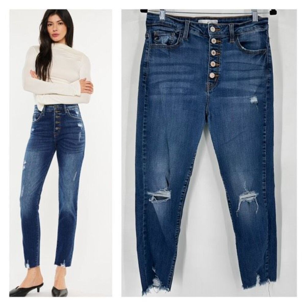 KanCan Kelsey Hi Rise Cigarette Leg Ankle Jeans Distressed Button Fly Size 11/29